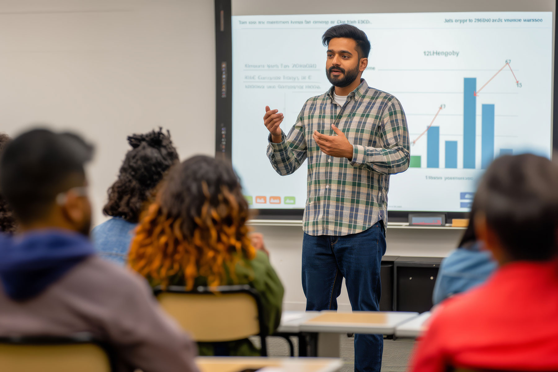 Professor teaching class in front of a graph on the board