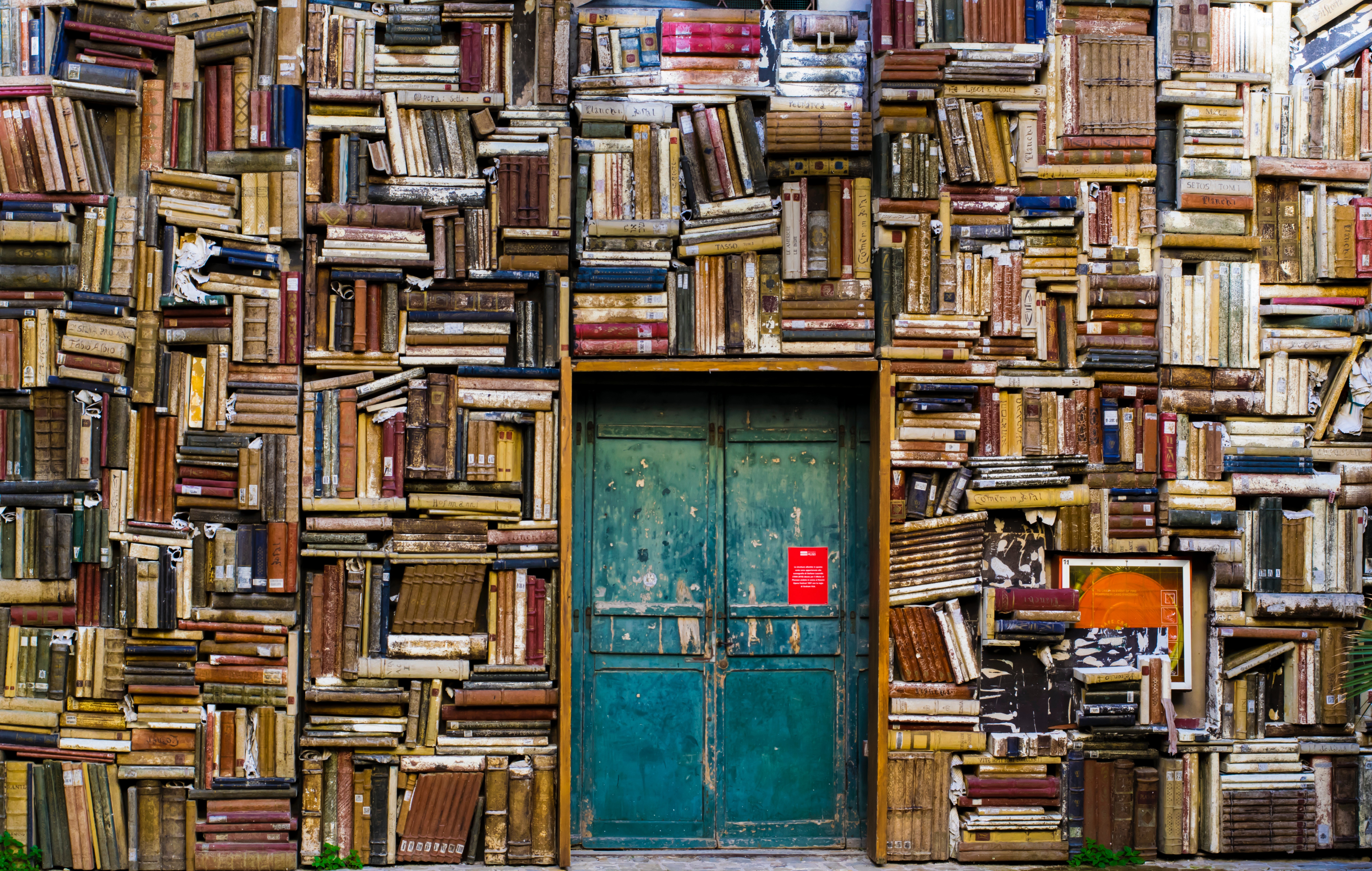 A door surrounded by books.