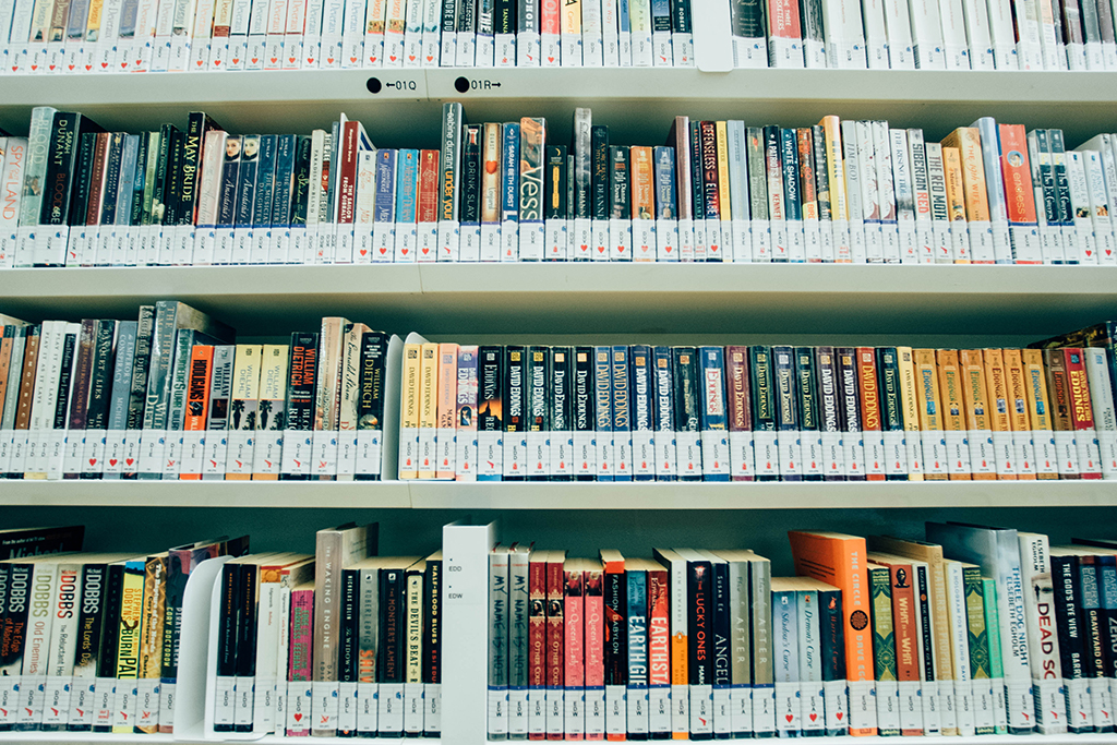 Several books on a bookshelf.